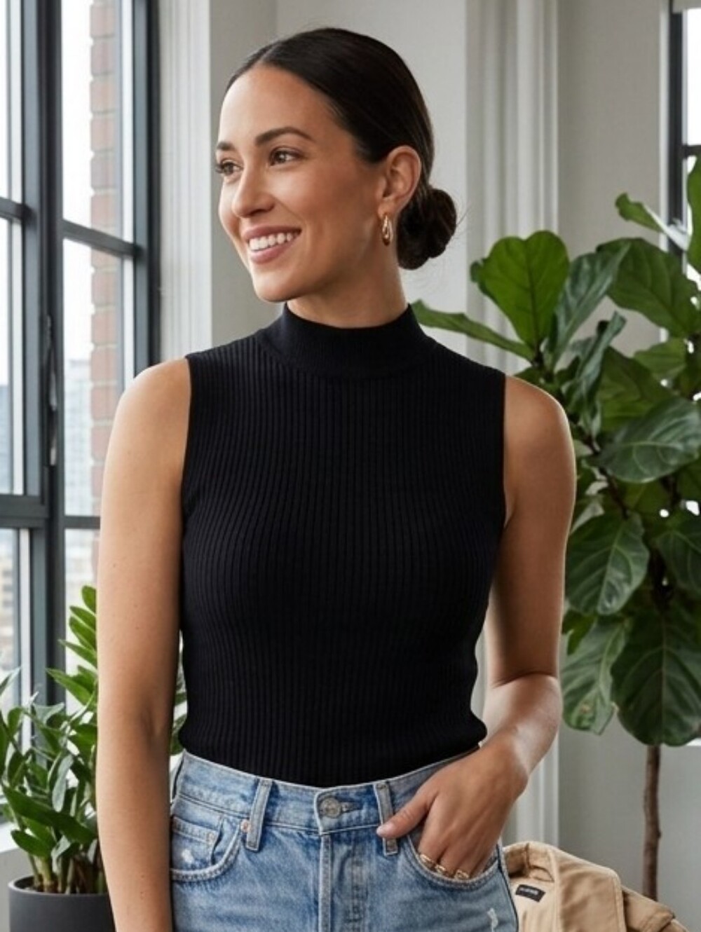 Small Sleevless Black Ribbed Knit Top High Neck Line Clean Lines Minimalist